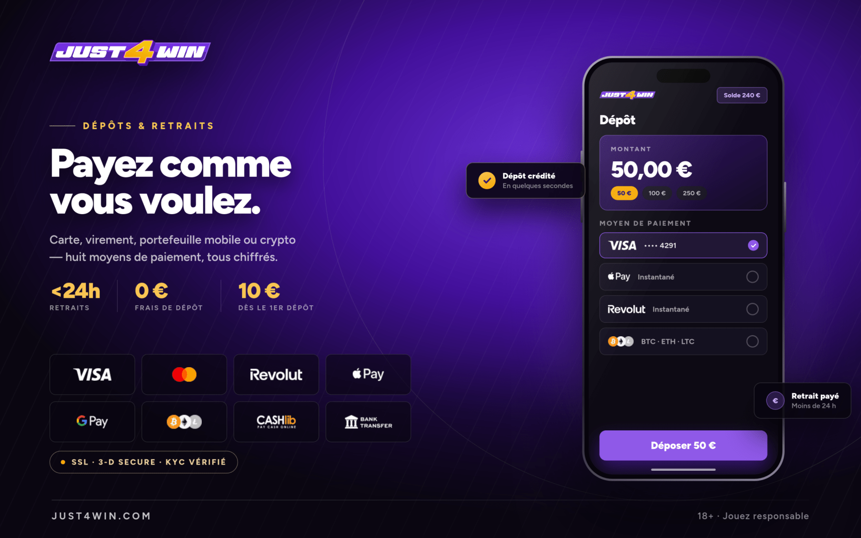 Retraits et paiements Just4Win
